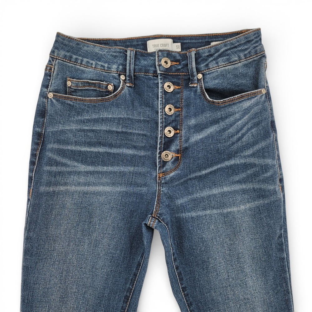 True Craft Womens 5R High Rise Flare Jeans Blue Stretch‎ Raw Hem - Picture 2 of 7